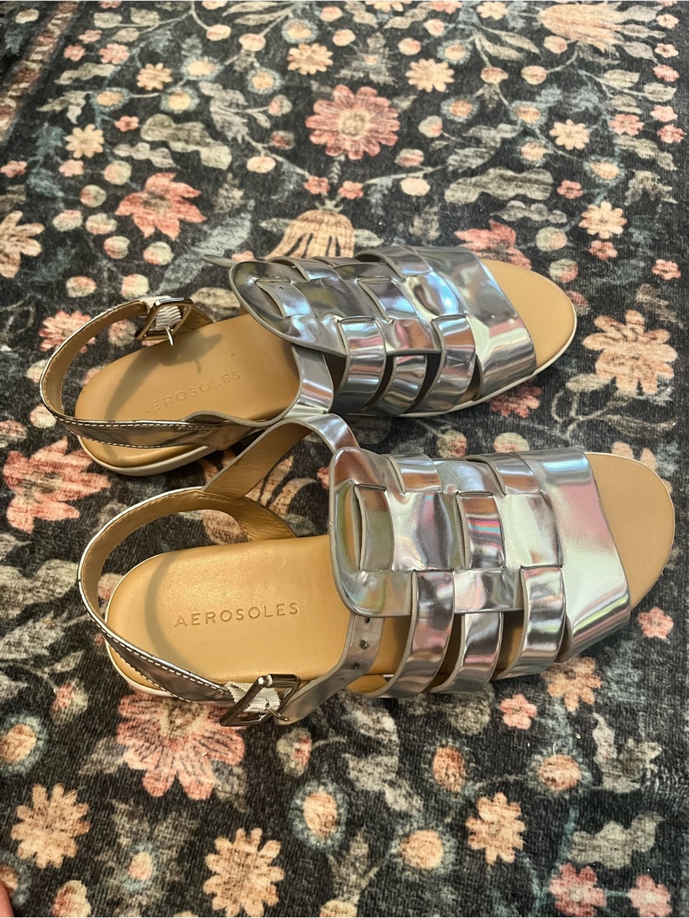 AEROSOLES Metallic Silver Woven Slingback Sandals